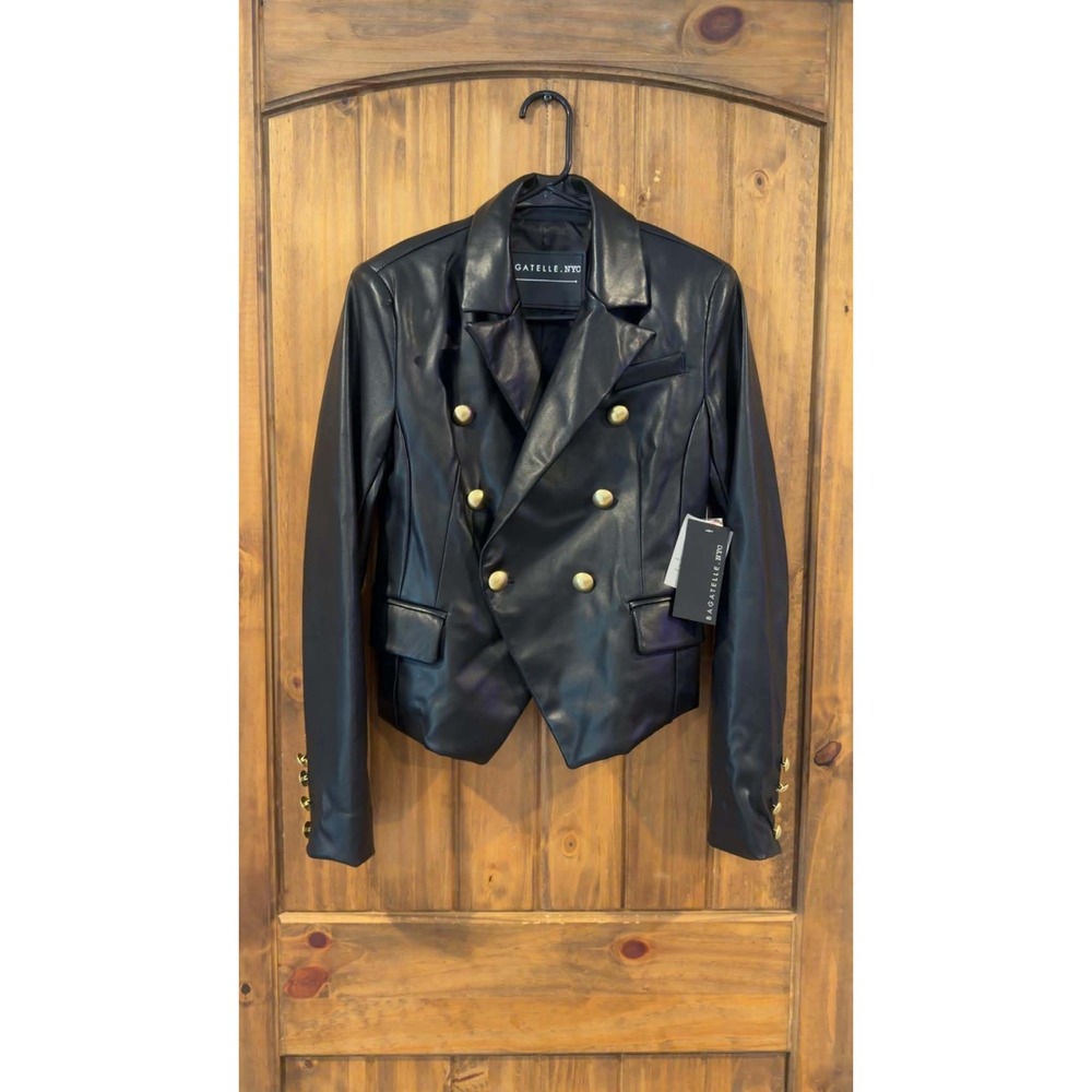 Bagatelle NYC Blazer Women XS Black NWT Faux Leather Double Breasted Gold Button
